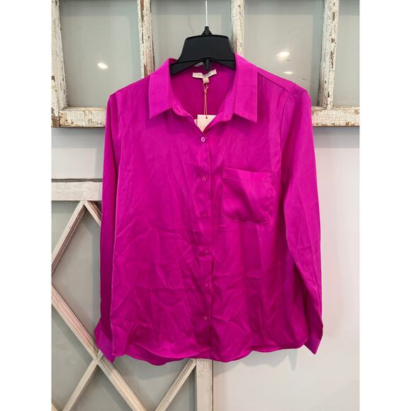NWT Skies Are Blue size small hot pink satin blouse button down shirt - Picture 1 of 3
